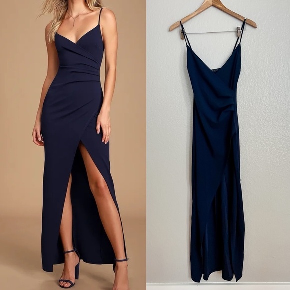 NWOT Sweetest Admirer Navy Blue Ruched Surplice Maxi Dress - Picture 1 of 5